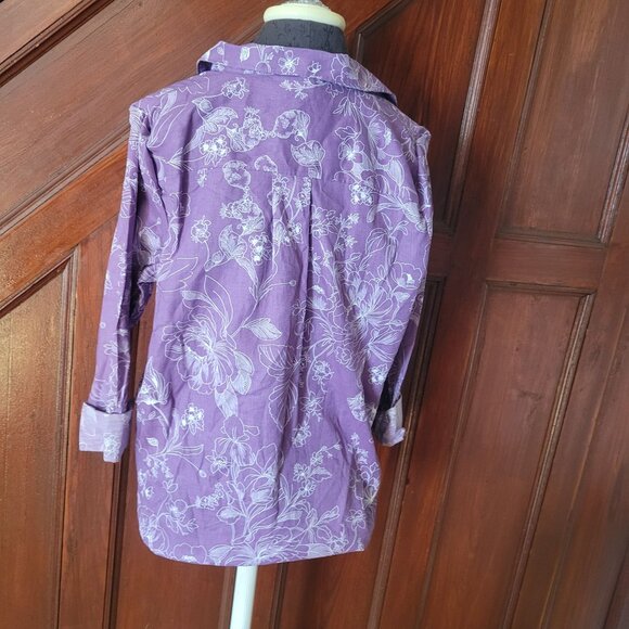 Liz Claiborne Purple Floral Button-Up Blouse L Linen/Cotton Blend Womens Shirt - Picture 3 of 9